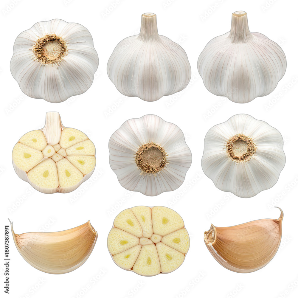 Fototapeta premium A comprehensive view of garlic, showcasing whole bulbs, a cross-section, and individual cloves.