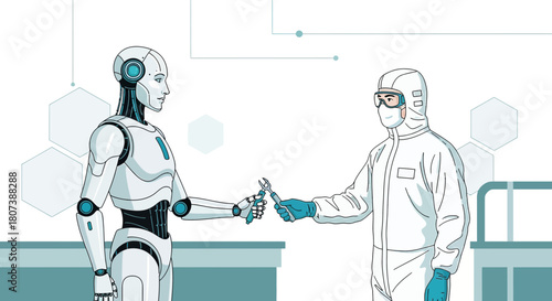 Futuristic collaboration robot and human expert exchanging tool in clean manufacturing environment