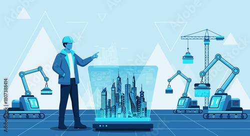 Futuristic construction visualization with engineer and automated machinery overseeing development