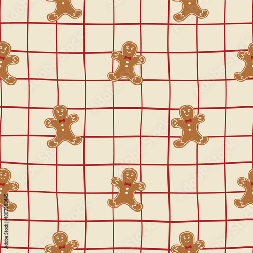 Christmas gingerbread cookies checkered seamless pattern. Tasty winter festive decoration, print, wallpaper, cozy Xmas retro print, wrapping paper, fabric, textile design. Vector illustration.