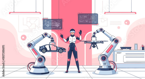 Futuristic factory worker orchestrating automated manufacturing process with robotic arms technology