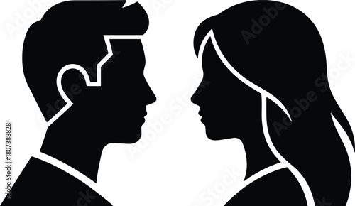 Minimalist vector illustration of male and female profile heads, symbolizing conversation, partnership, couple, and human interaction in a modern flat design.