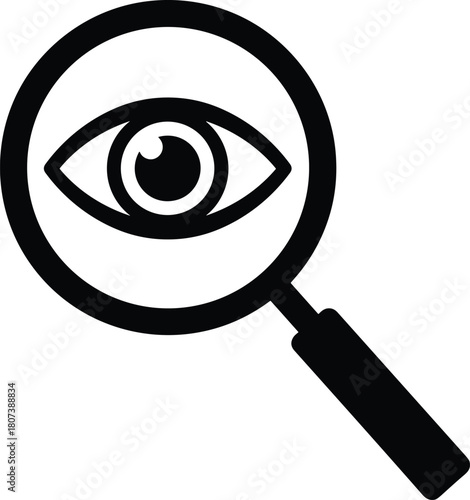 Vector icon of a magnifying glass enlarging an eye, symbolizing search, surveillance, investigation, security, hidden truth, and close examination concept.