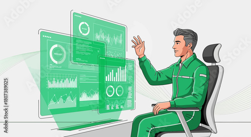 Futuristic interactive interface with a specialist operating augmented reality data