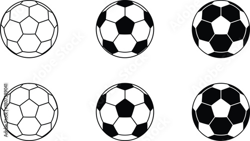 Vector set of six traditional black and white soccer balls in outline and solid fill, perfect for sports design, game branding, and football tournaments.