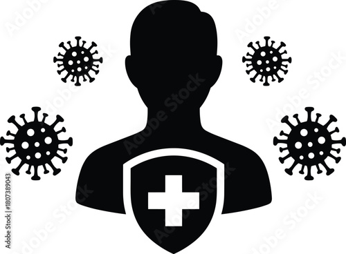 Vector illustration of a person shielded from viruses, symbolizing immunity, vaccination, health protection, disease defense, and medical security concept.