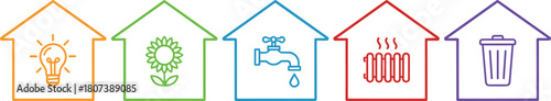 Vector set of utility inside house outlines, symbolizing electricity, water, heating, environment, and waste management for home services and smart technology.