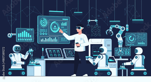 Futuristic laboratory featuring virtual reality expert, collaborating with advanced robotics,