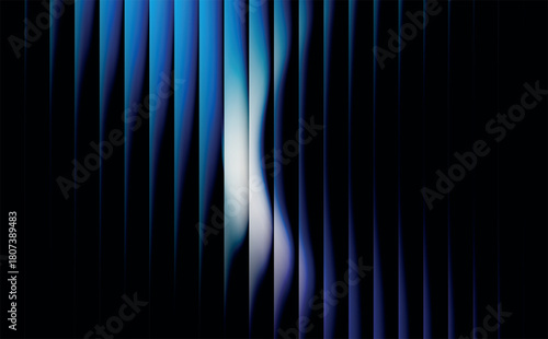 Abstract glowing blue and white gradient lines flowing vertically behind dark vertical blinds, representing digital data stream or energy