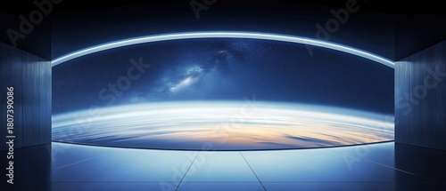 Planet Earth seen from space visible through an arch shaped window in a futuristic room with white tiles and blue walls and light