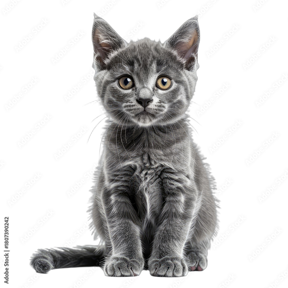 Fototapeta premium A captivating portrait of a young grey tabby kitten against a stark black background.