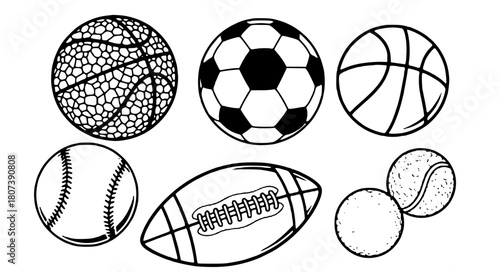Assorted athletic balls ready for sports vector line art design