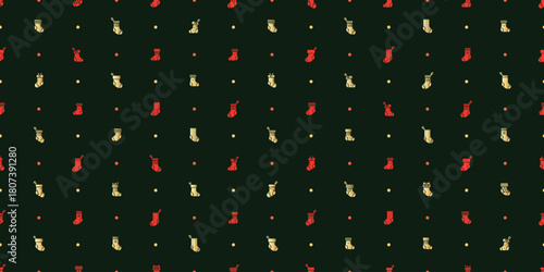 Christmas seamless pattern with cute red and gold stocking on a dark green background.