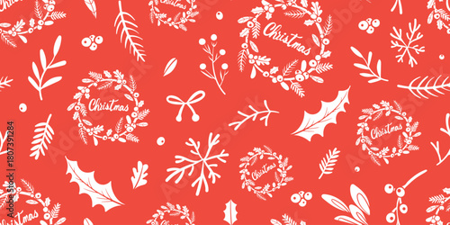 Christmas seamless pattern with cute white wreath, holly, plants, and festive decorations on a red background.