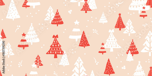 Christmas seamless pattern with cute white and red Christmas trees, and festive decorations on a pastel pink background.