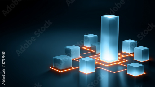 Centralized data leadership concept represented by a dominant pillar connected to surrounding blocks in a structured digital network, symbolizing coordination and strategic control.
