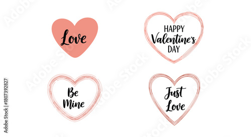 Four hand-drawn hearts with romantic Valentine's Day messages in different styles.
