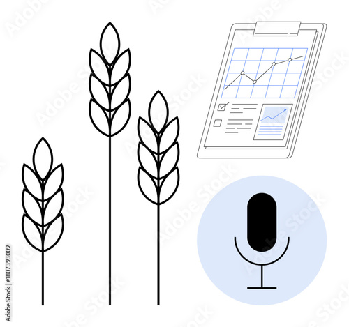 Wheat stalks, clipboard with analytics chart, and microphone. Ideal for agriculture, farming, data-driven solutions, podcast, sustainability, innovation agri-tech opportunity simple flat metaphor