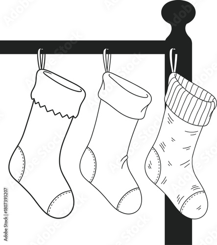 Hanging Christmas Stockings Outline Vector, Holiday Decoration, Mantlepiece, and Festive Gifting Line Art