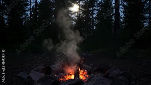 Wallpaper Mural Campfire Emitting Smoke in Forest at Nighttime With Moon Overhead Torontodigital.ca