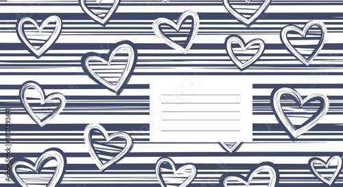 Seamless pattern of hand-drawn white hearts scattered across navy blue and white horizontal stripes.