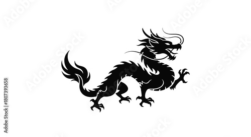Silhouette of a powerful black dragon in traditional East Asian style against a white background.