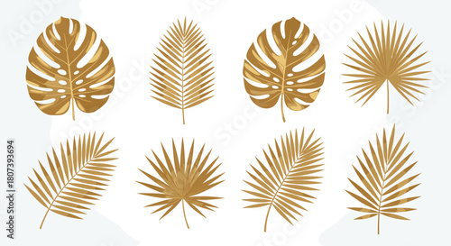 Collection of golden tropical leaves including monstera and palm leaves.