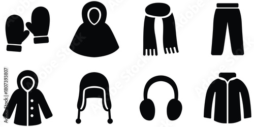 Winter clothing silhouette icon set, Cold weather apparel vector collection, Warm accessories winter garment pack