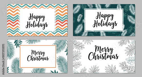 Four festive holiday greeting cards with decorative borders and text.