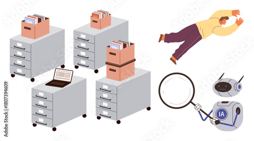 AI robot examines data through magnifying glass, surrounded by filing cabinets, floating worker, laptop, and folders. Ideal for automation, data search, digitization, AI productivity information
