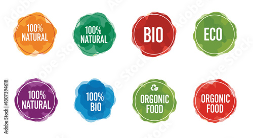 Collection of eight organic and natural food labels with varied colors and certifications.
