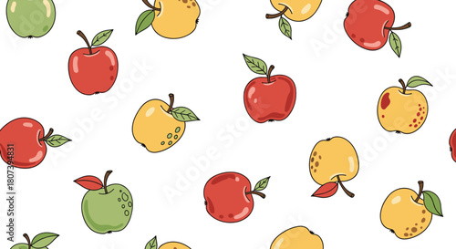 Seamless pattern of colorful cartoon apples in red, yellow, and green, set against a white background.