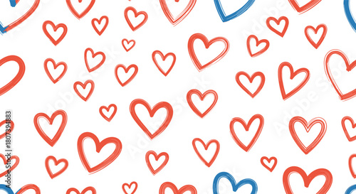 A seamless pattern of hand-drawn hearts in red and blue on a white background.