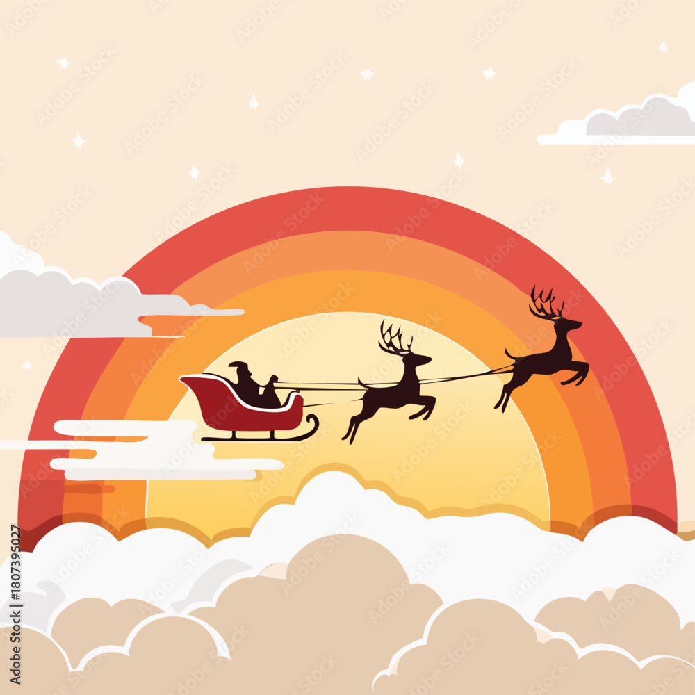 Fototapeta premium Santa's Sleigh Flying Over a Golden Sunset Rainbow