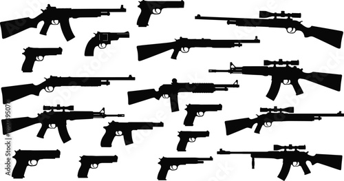 Gun silhouettes, rifles and pistols, black vector, firearm collection, tactical weapons, minimal style, graphic set, military icons