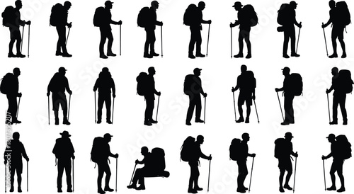 Hiker silhouettes, trekking poses, backpack figures, walking sticks, black vector, outdoor activity, minimal style, graphic set, nature icons