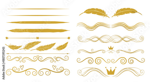 Collection of decorative gold dividers and ornamental elements for design, including feathers, crowns, and swirled borders.