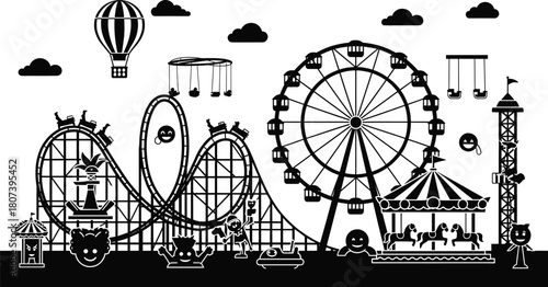 Amusement park silhouettes, roller coaster, Ferris wheel, carousel ride, swing attraction, black vector, funfair design, minimal style, graphic set