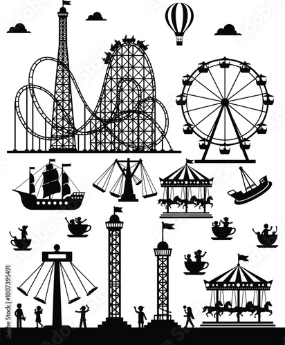 Amusement park silhouettes, roller coaster, Ferris wheel, carousel rides, drop tower, black vector, funfair design, minimal style, graphic set
