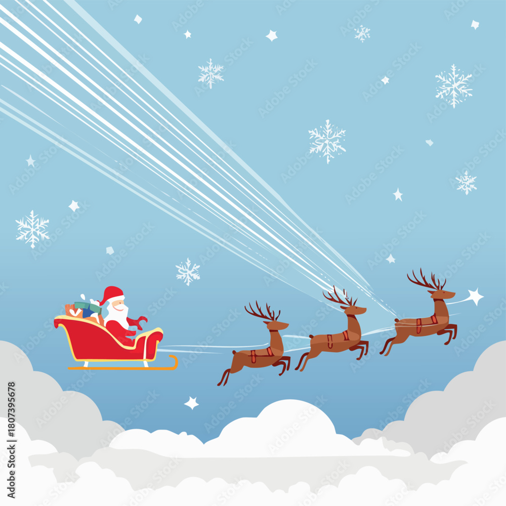 Fototapeta premium Santa Claus Sleigh Flying with Reindeer Through Winter Sky
