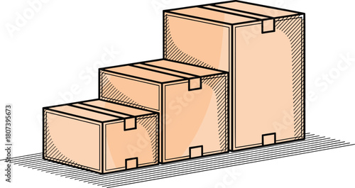 Cardboard box illustration, isometric vector, packaging design, shipping containers, stacked boxes, logistics artwork, volume comparison, technical drawing