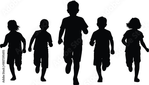 Children running silhouettes, black vector, youth activity, motion design, minimal style, graphic set, outdoor play, childhood icons