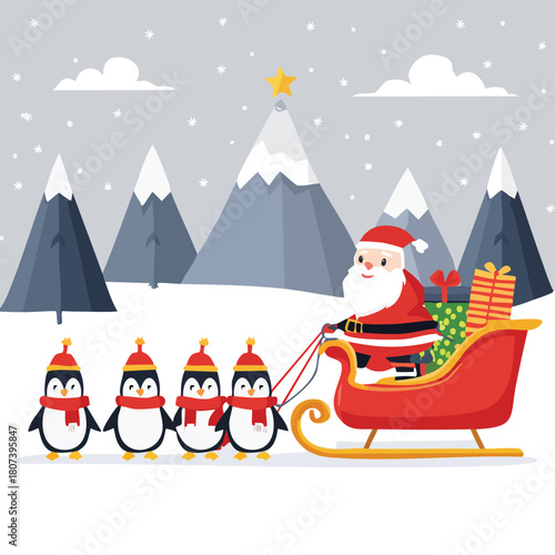 Cheerful Penguins Pulling Sleigh in Snowy Winter Wonderland