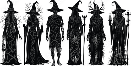 Dark wizard silhouettes, gothic sorcerers, magical robes, black vector, fantasy characters, eerie design, minimal style, graphic set, arcane icons