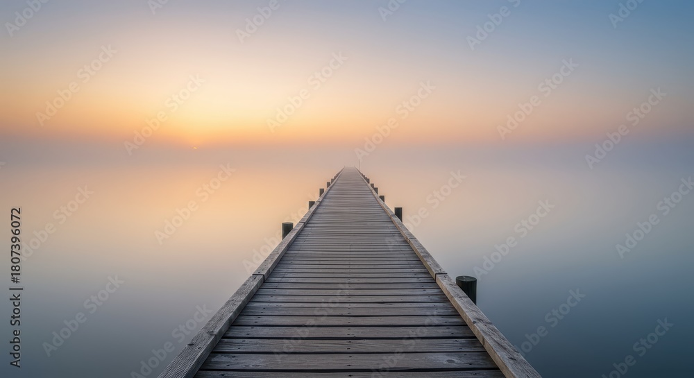 Obraz premium Wooden walkway stretches toward a misty horizon during soft sunrise illumination