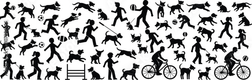 Dog and human silhouettes, pet activity, black vector, outdoor play, training poses, companionship art, minimal style, graphic set