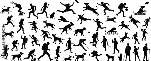 Dog and human silhouettes, playful activities, black vector, outdoor fun, pet interaction, minimal style, graphic set, exercise icons