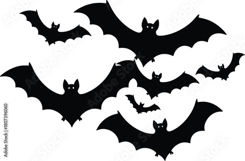 Flying bat silhouettes, spooky design, black vector, Halloween theme, glowing eyes, nocturnal creatures, minimal style, horror art, graphic set