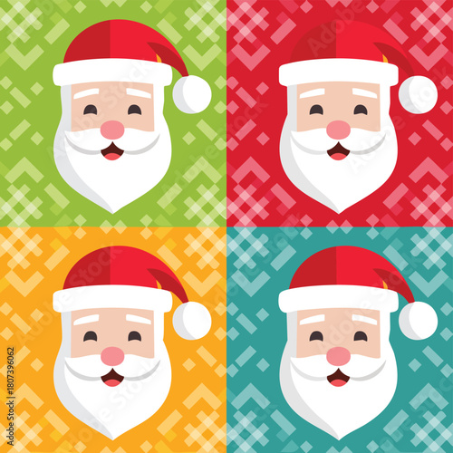 Pop Art Christmas Seamless Pattern with Flat Vector Santa Claus Faces