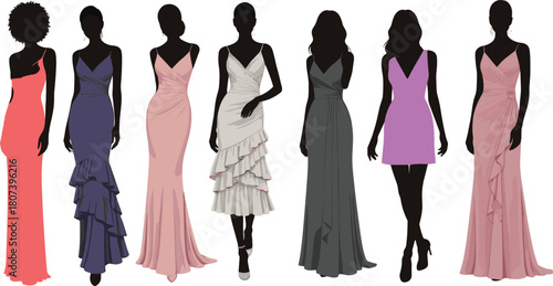 Formal dress silhouettes, fashion poses, elegant gowns, black vector, evening wear, minimal style, graphic set, stylish women, design icons